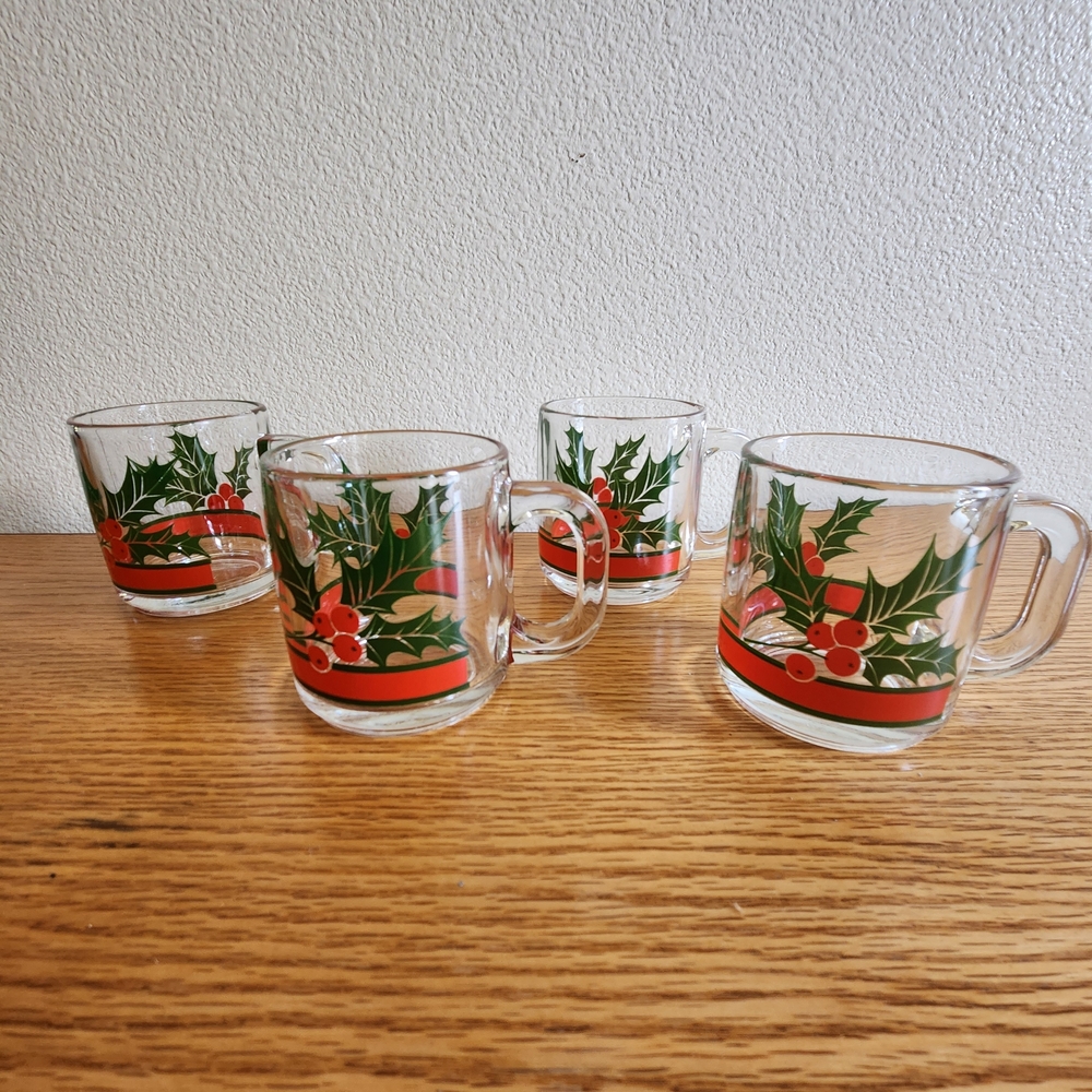 Vintage Libbey Holiday 8 oz. Glass Mugs with Red and Green Holly Design Set of 4